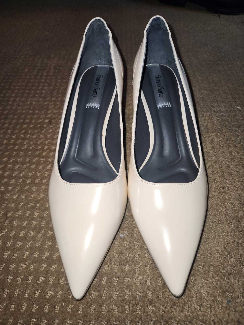Franco Sarto Women's Cream Patent Pointed Toe Pumps With Silver Detail